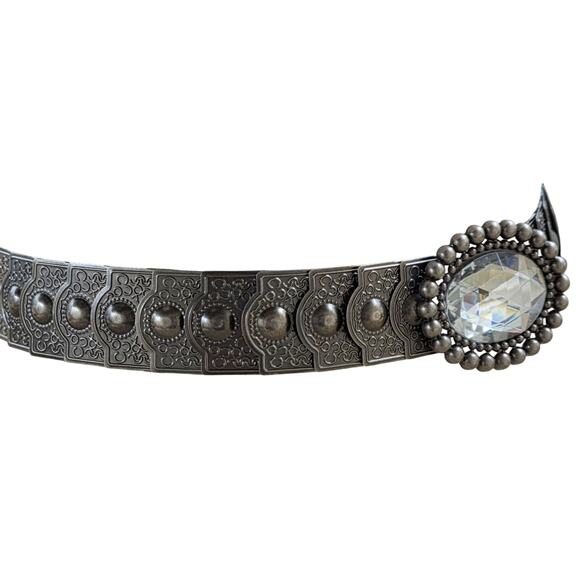 Vintage Brutalist  Bling Metal Stretch Belt Large Oval Crystal Whimsy Goth - Picture 3 of 8